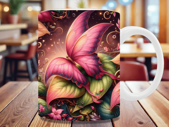 Download Pink Butterfly Golden Leaf Mug Wrap - Mug wrap Collection
